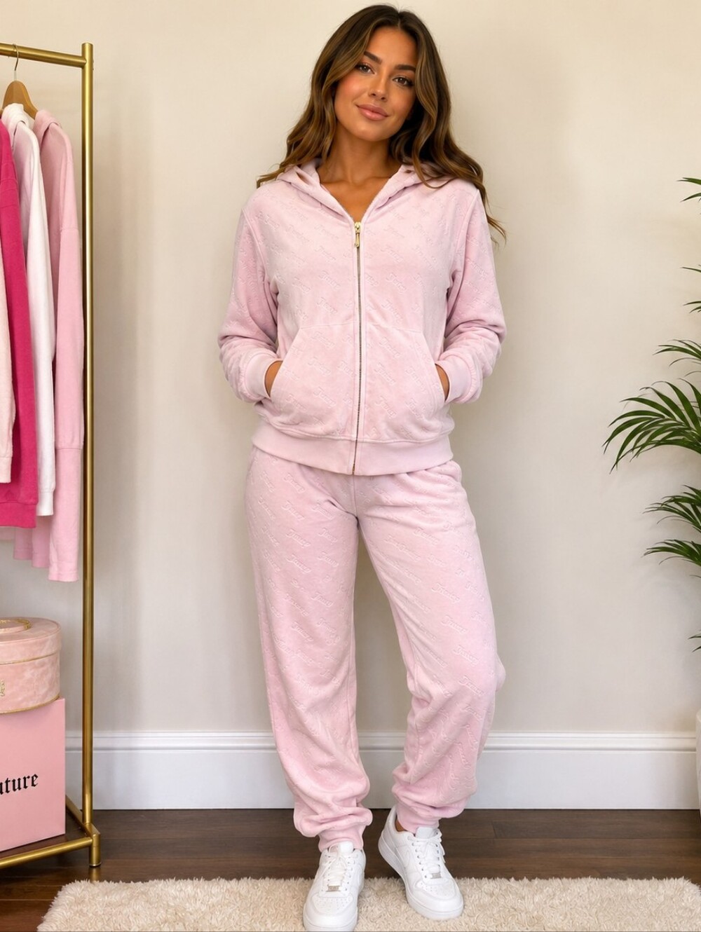 Juicy Couture Velour Embossed Logo Sweatshirt Top Tracksuit Set Pink Medium Y2K